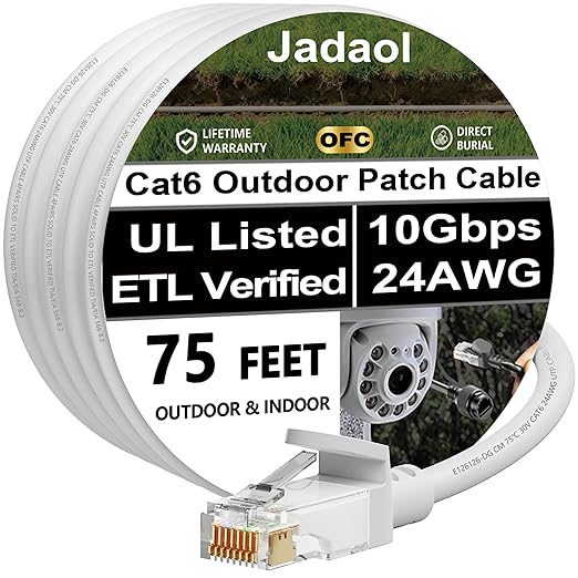 Cat 6 Outdoor Ethernet Cable 75 ft (22.86m), Support Cat8/7 Network, 10Gbps 550MHz, 24AWG Pure Copper, Direct Burial Waterproof In-Ground UV Resistant LAN Patch Cable for Router, Modem, Switch, White