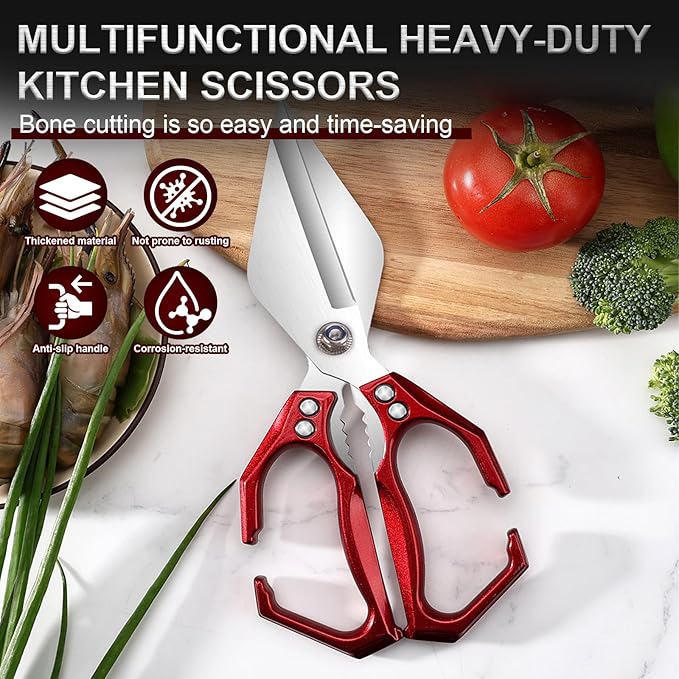 Kitchen Scissors for Food Heavy Duty Poultry Shears Built-In Nutcracker, Japanese High-Carbon Steel Culinary Shears with Ergonomic Handle, All Purpose Kitchen Tool for Chicken, Meat & Seafood (Red)