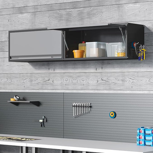 Coolsun Metal Wall Cabinet, Garage Wall Cabinet with Up-Flip Door, 31.5" W Wall Mounted Metal Storage Cabinet for Kitchen,Garage,Basement,Ware House Assembly Required (Black Gray)