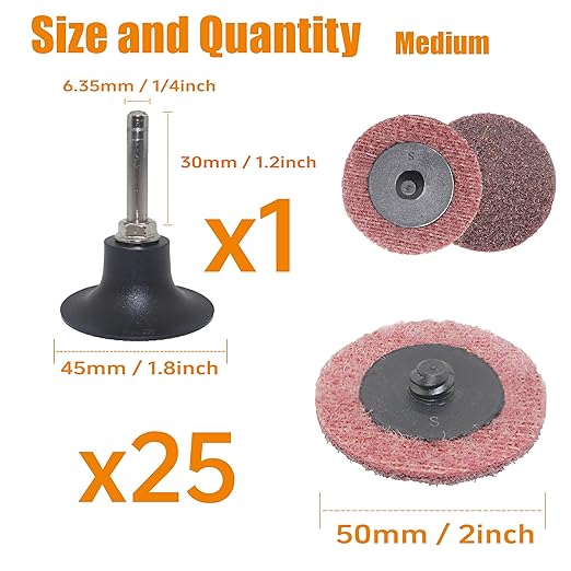 Merryland Surface Conditioning Disc 2 inch for Die Grinder, 2inch Medium Quick Change Disc 25 Pack with 1/4 Inch Shank, Sanding Disc Nylon Non-Woven Disc Paint Rust Metal Steel Iron, DGTAA27C2