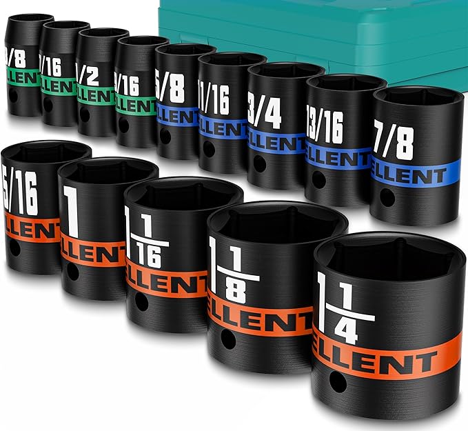 14 Pieces 1/2-Inch Drive Impact Socket Set, 3/8" to 1-1/4" Shallow Socket, 6 Point SAE Sockets for Automotive Repair, Equipment Maintenance