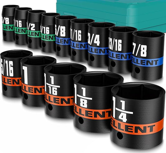 14 Pieces 1/2-Inch Drive Impact Socket Set, 3/8" to 1-1/4" Shallow Socket, 6 Point SAE Sockets for Automotive Repair, Equipment Maintenance