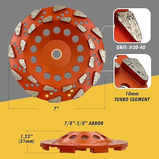 7" High Performance Diamond Grinding Wheels for Aggressive Concrete, Paint, Epoxy, Mastic & Coating Removal, #20 Grit, 24 Segments, 7/8"-5/8" Non-Threaded Arbor