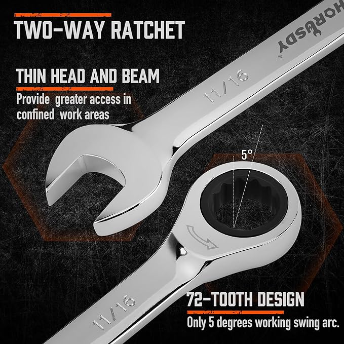 HORUSDY 24-Piece Ratcheting Wrench Set | Metric and SAE | Ratchet Combination Wrenches Set with Organizer | 72-Tooth | Chrome Vanadium Steel | 6-18 mm & 1/4??to 3/4??(24-Piece)