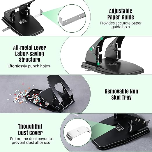 Dreyoo 2 Hole Punch with 100 Prong Paper Fasteners, Heavy Duty Two Hole Paper Puncher for File Folder and Metal File Fasteners Combo Set, 30 Sheet Capacity, Padded Handle(Self Adhesive)