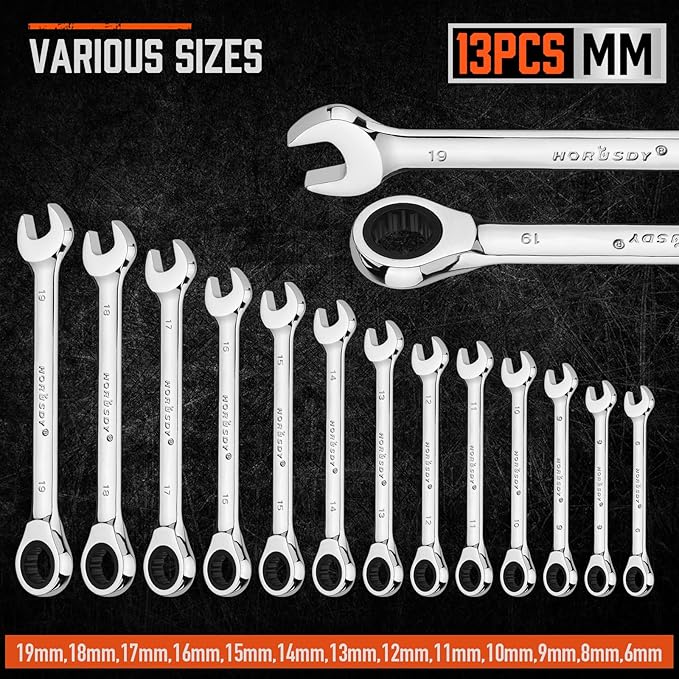 HORUSDY 13-Piece Sturdy Ratcheting Wrench Set | Metric Sizes 6??9mm | Max Torque Ratchet Combination Wrenches Set with Storage Rack | 72-Tooth | Chrome Vanadium Steel
