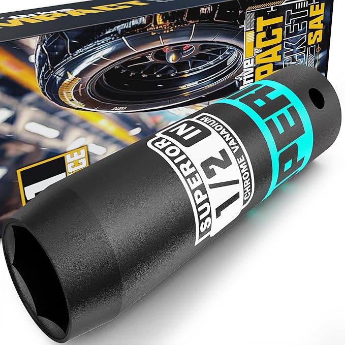 1/2" Drive Impact Socket, 1/2 inch Deep Socket, SAE, 6 Point, CR-V, for Car Repair, Loosen the Fastening Nut