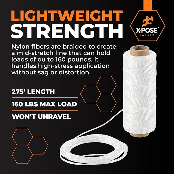 Xpose Safety White Mason Line String ??#18 Braided Nylon Twine ??275 Ft Durable Construction Line for Masonry Tools, String Level, Landscaping, and Gardening