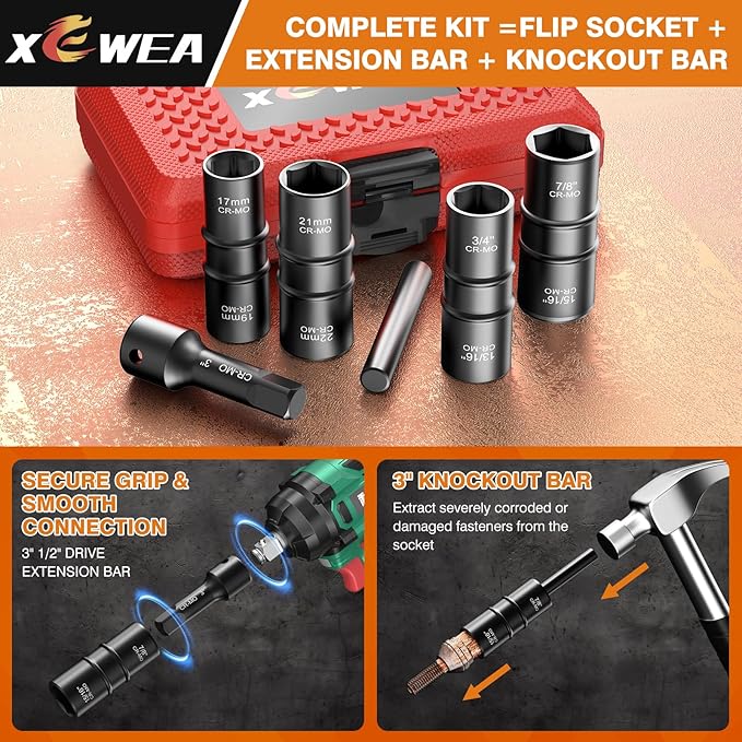 6PCS Lug Nut Impact Socket Set, XEWEA 1/2" Drive 8-IN-4 Flip Socket Design Metric 17 19 21 22 mm & SAE 3/4 13/16 7/8 15/16 in,Dual-End Thin Wall Nut Sockets with 3" Extension Bar & Knockout Bar
