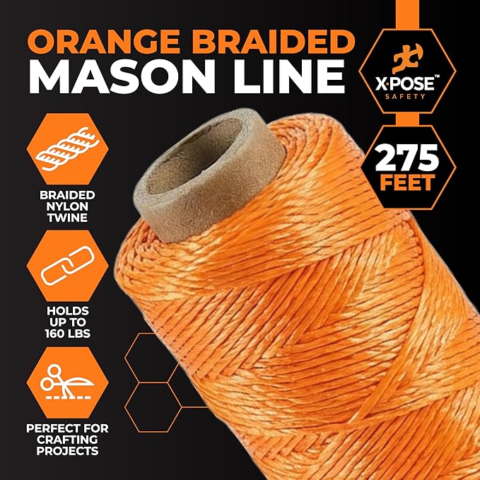 Xpose Safety Orange Mason Line String ??#18 Braided Nylon Twine ??275 Ft Durable Construction Line for Masonry Tools, String Level, Landscaping, and Gardening