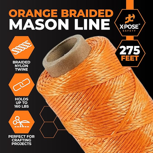 Xpose Safety Orange Mason Line String ??#18 Braided Nylon Twine ??275 Ft Durable Construction Line for Masonry Tools, String Level, Landscaping, and Gardening