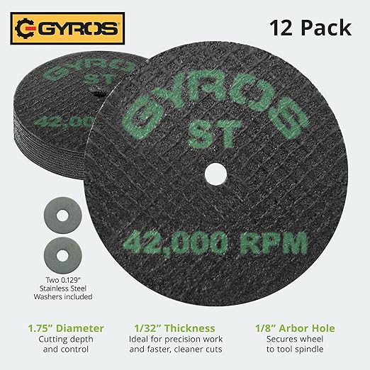 GYROS 1.75??Mini Resin Cut-Off Wheels for Rotary Tools, 12 Double Fiberglass Reinforced Cutting Discs, ST Materials Like Titanium, Carbon; Dremel Cutting Tool Accessory. Made in USA 11-41702/12