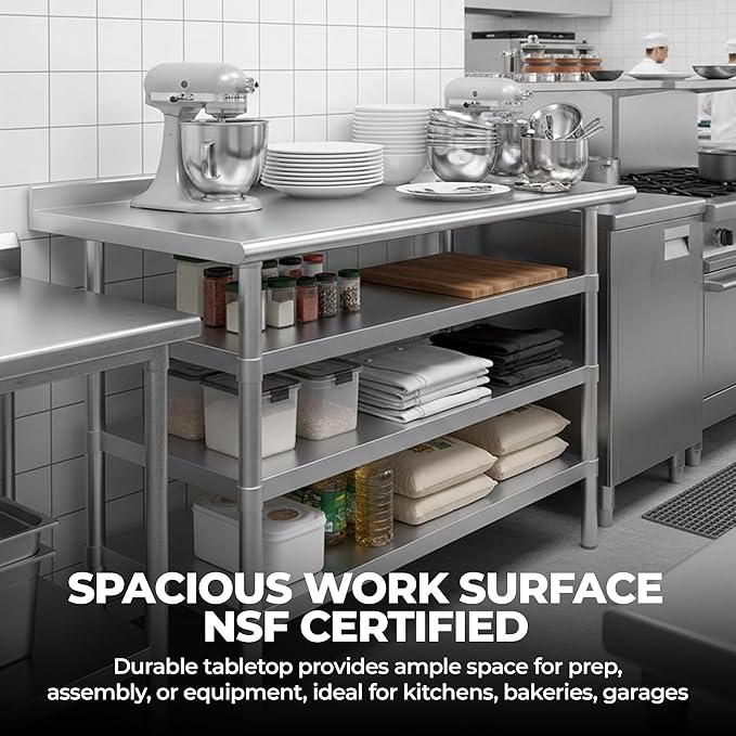 48" x 18" Stainless Steel Work Table with 1.5" Backsplash and 3 Shelves | NSF Certified Food Prep Table | Compact Commercial Metal Workstation for Kitchen or Utility Use