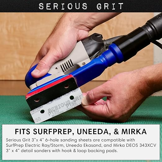 Serious Grit - 3" x 4" 6-Hole Assorted Grit Sanding Sheets - 80, 120, 150, 180, 220 Grit (10 of Each) - Fits Surfprep, Uneeda Ekasand, Mirka DEOS 343 - Sandpaper for 3x4 Sheet Sanders - 50 Pack Box