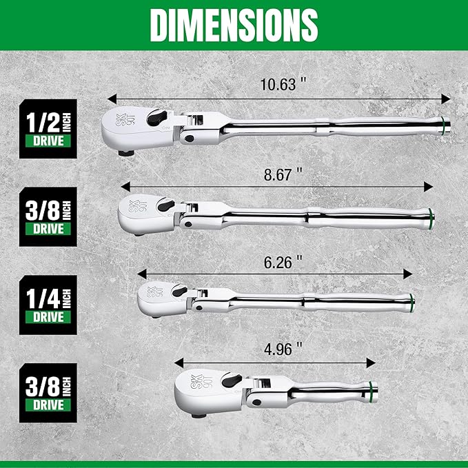 SK 4-Piece Flex-Head Ratchet Set, 1/4", 3/8", 1/2" Drive Ratchet, 90-Tooth, Premium CR-V Construction, Reversible Design, with Contoured Handle