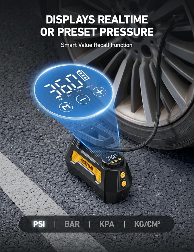 AstroAI H2 Pro Tire Inflator Portable Air Compressor Fully Upgraded Air Pump with DC 12V/Battery Dual Power Supplies Digital Pressure Gauge Fast Inflation Pump for Cars Motorcycles Bikes Gift Yellow