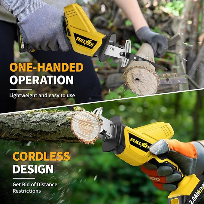 Reciprocating Saw Cordless, Variable Speed 0-3500SPM Power Reciprocating Saw, Tool-Free Blade Change, Battery Reciprocating Saws with 4 Saw Blades for Woods/Metal/Plastic Cutting, Yellow