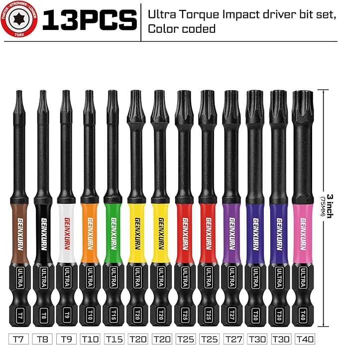 3?쒲mpact Torx Screwdriver Bits Set,13Pcs Magnetic S2 Steel Long Extension Star Driver Bits Set (T7-T40) with Color Coded Base