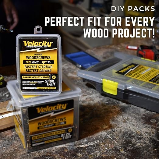 Velocity Interior 1 1/2 Inch Wood Screws DIY Pack (Size #8, 100 Pcs) ??Zinc and Yellow Coating, Stick-Tight Technology, Screw for Wood Working with PSD ACR Driver Bit
