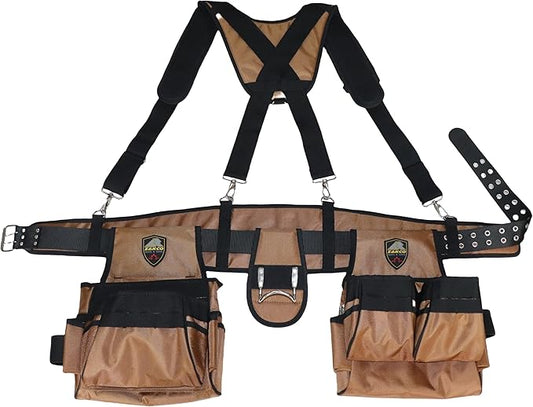 ZAKCO Professional 1680D Polyester Tool Belt with Suspender, Strudy Tool Belt for Carpenters, Framers, Electricians, Plumbers, Hanyman & DIY (Khaki, Full Size)