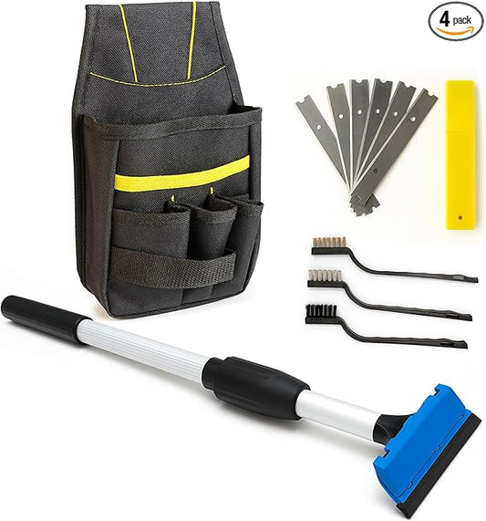 KATARY Long Handle Floor Scraper and Wall Tile Scraper Tool with Razor Blade with Tool Bag and 3-Piece Cleaning Brush Set - Grout, Concrete and Glue Remover Kit