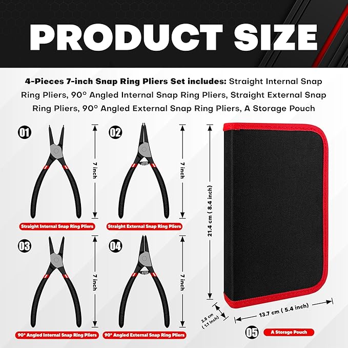 C&T 4-Piece Snap Ring Pliers Set, 7" Internal & External Circlip Pliers Kit (Straight & Bent Jaw),CR-V Steel, for Retainer Removal, Includes Storage Pouch