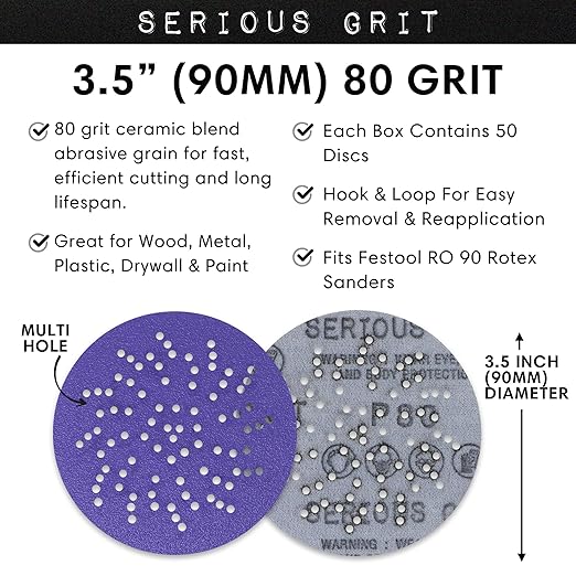 Serious Grit - 3.5-Inch (90mm) 80 Grit Sanding Discs - Advanced Ceramic Grain - Universal Multi-Hole Design Fits Festool RO 90 & Other 3.5 in RO Sanders - Heavy-Duty Hook & Loop Film Discs - 50 Pack
