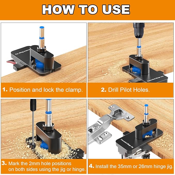 Concealed Hinge Jig with Quick Clamp, 35mm & 26mm Drill Bits Set, Aluminum Cabinet Door Hole Locator Tool with Depth Stop, Adjustable for 15-30mm Thickness Woodworking