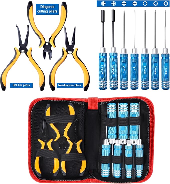 13-in-1 RC Tools Kits Box Set, RC Screw Kit, Hex Phillips Flat Nut Drivers, Pliers, Wrench, Repair Tools Screwdriver Set for Traxxas Arrma Axial Redcat Losi RC Model Car Drone Boat