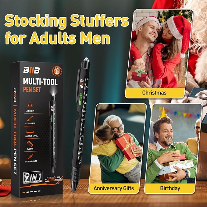 BIIB Gifts for Men, Stocking Stuffers for Men Teens Adults 9 in 1 Multitool Pen, Mens Christmas Gifts for Dad Him Husband, White Elephant Gifts for Adults, Cool Gadgets