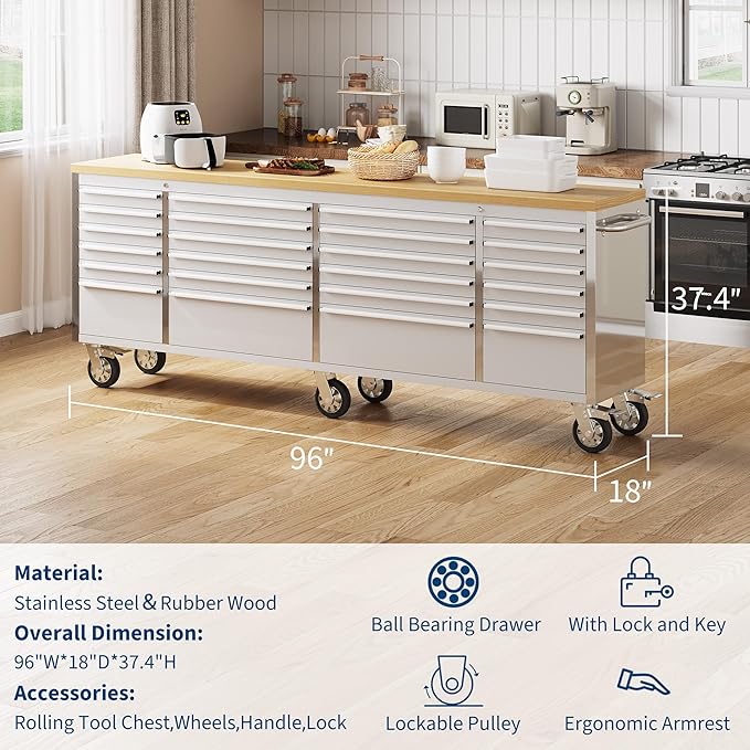 96 in Tool Chest, Tool Box Mobile 24 Drawers Storage Rolling Cabinet with Wheels Lock Key Locking System Drawer Liners for Garage Warehouse Repair Shop