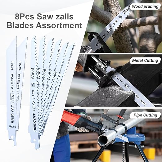 8PCS Reciprocating Saw Blades for Wood Pruning, Including Premium 6Pcs Woodcutting & 2Pcs Carbide Metal Blade with Storage Case (6in 6TPI + 6in18TPI) by RNSXYAT
