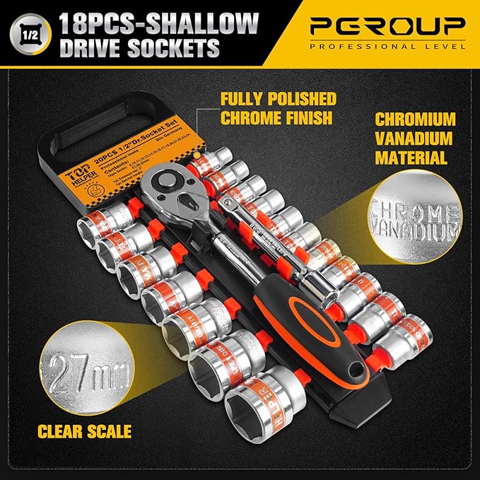 20 PCS 1/2" Drive Metric Socket Wrench Set,1/2 Reversible Ratchet Handle竊? Point Shallow Sockets (8-32mm) and Extension Bar 5", CR-V Steel, Car Repair Set