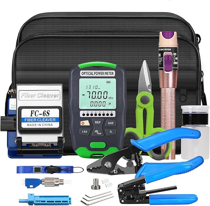 Fiber Optic Termination Tool Kit 10-in-1 Equipped with A-D7 Optical Power Meter (-70 - +10 dBm), FC-6S Fiber Cleaver and Wire Stripping Pliers, Aramid Scissors, Fiber Optic Tool Kit