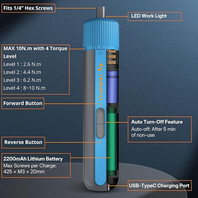 Tilswall 4V Electric Screwdriver Cordless, 10N.m High Torque /260 RPM, Cordless Screwdriver with 4-Level Control, 2200mAh USB-C Fast Charging, with 25pc S2 Steel Bits for DIY and Home Repairs (Blue)