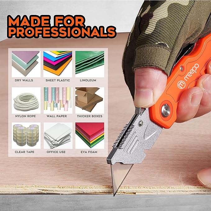 M MEEPO Box Cutter, 4-Pack Tough Folding Box Cutter for Heavy Duty Purpose, Razor Sharp Blade, Comfortable Handle, with Extra 10-Piece Blades, Can cut Drywall, Sheet Plastic, Linoleum, Boxes, Rope