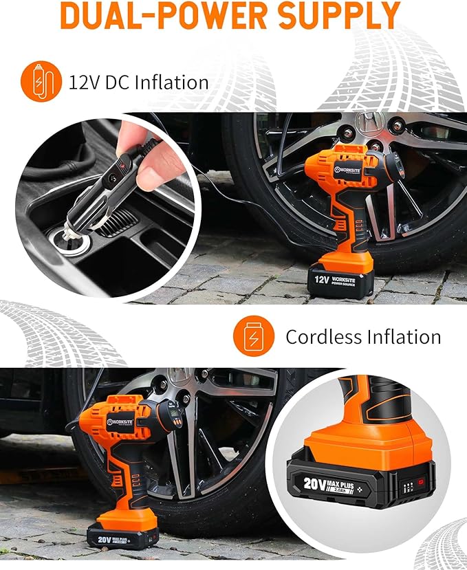 WORKSITE Cordless Tire Inflator Air Compressor,Portable Handheld Air Pump,Battery Powered Car Tire Pump with 12V Car Power Adapter Digital Pressure Gauge for Cars Motorcycles, Orange