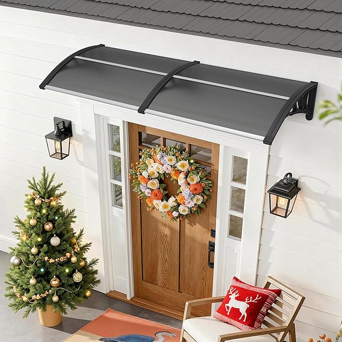 MCombo 39.8" x 37.8" Window Awning Outdoor Polycarbonate Hollow Sheet Door Patio Canopy, 6055-4040 (Grey Board with Black Bracketr)