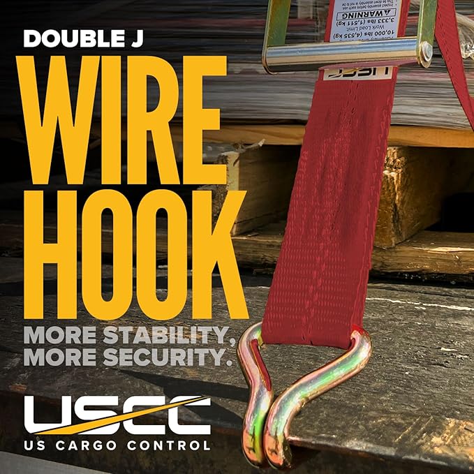 US Cargo Control Wire Hook Ratchet Straps 2 Inch x 30 Foot (10-Pack), 10,000 LBS Break Strength, Ratchet Straps Heavy Duty with Double J Hooks, Red Cargo Tie Downs for Flatbed Trailers and Trucks