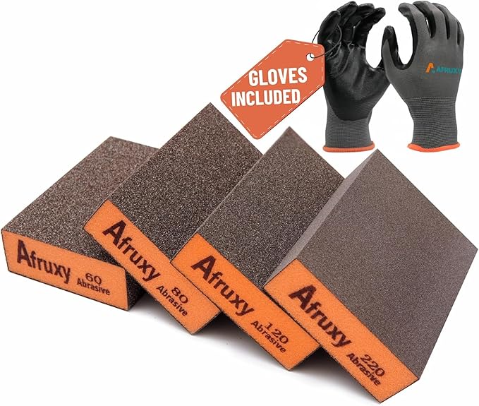 Professional-Grade Sanding Sponge 4-Pack with Gloves ??60/80/120/220 Grit, Wet Dry Hand Sander, Sand Paper Brick for Drywall Sanding, Wood Sanding