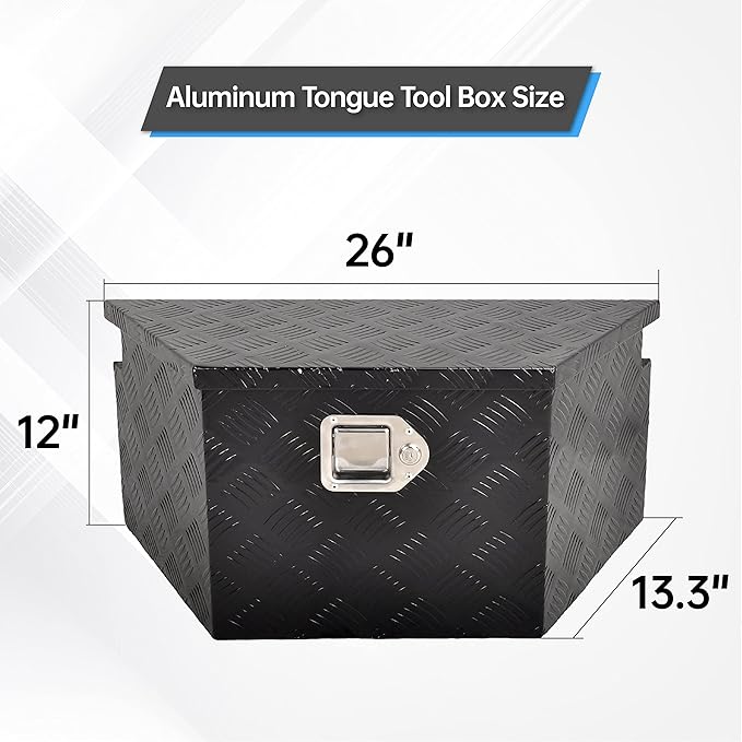 26 Inch Aluminum Tongue Tool Box Heavy Duty 5 Bar Tread Trailer Tongue Box Pick Up Truck Tool Box Storage Organizer with Lock & Keys (26"X13.3"X12")