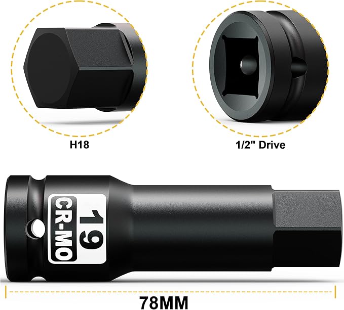 1/2" Drive 19 mm Hex Impact Bit Socket, H19 Allen Bit Socket, Metric, Cr-Mo Steel, Automotive Repair Industrial Maintenance and DIY Enthusiasts Alike