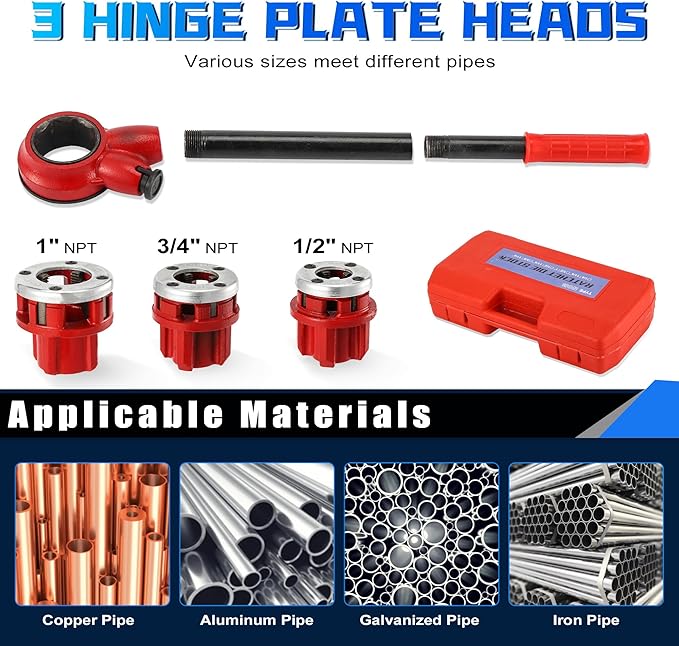 Pipe Threader Ratchet Kit竊?Manual Ratcheting Pipe Threading Tool Set with 3 NPT Dies 1/2" NPT, 3/4" NPT, 1" NPT,Portable Cast Iron Pipe Threading Set for Galvanized Aluminum Iron Copper PVC Pipes