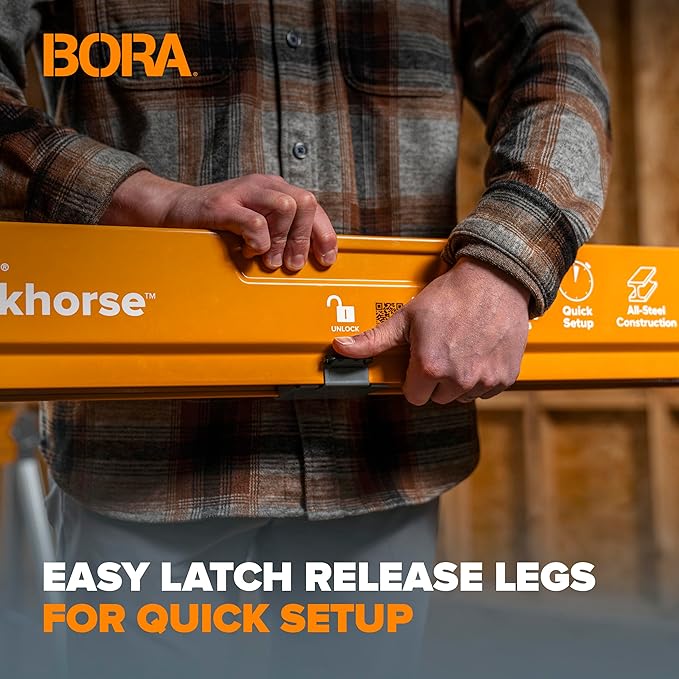BORA Workhorse XT Saw Horses 2 Pack Folding Heavy Duty Adjustable Height Sawhorse Pair with Adjustable Legs, Heavy Duty Saw horse for Contractors Portable Workbench w/Built in Bottle opener PM-3360T