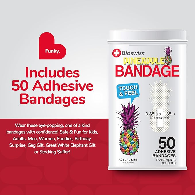 BioSwiss Bandages, Funky Pineapple Shaped Self Adhesive Bandage Set, Latex Free, Sterile Wound Care, 50 Count