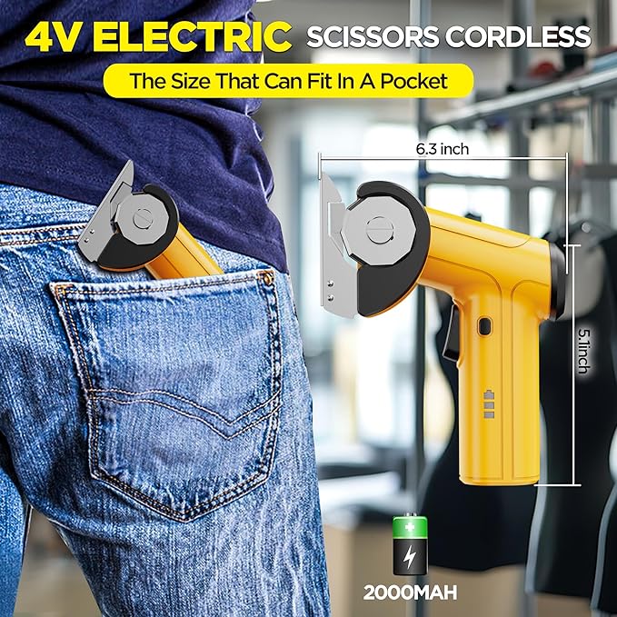 4V Cordless Electric Scissors, Rechargeable Cardboard Cutter with 2000mAh Battery, Safety Lock & 2 Blades ??Great Gift for DIY Crafts, Fabric, Leather Projects (Yellow)