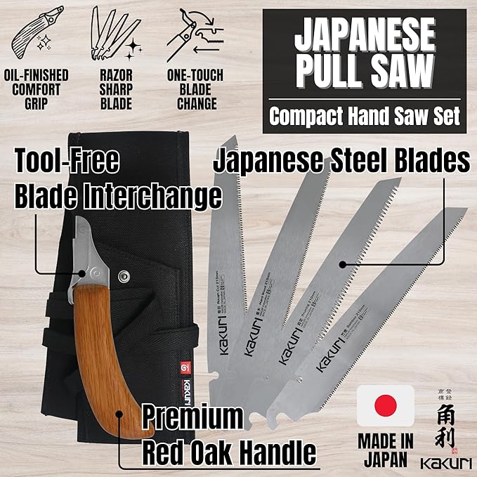 KAKURI Japanese Hand Saw Set - Compact Pull Saw [Rough Cut 8.2", Hardwood 8.2", Pruning 8.2", Bamboo Cutting 8.2"] - Red Oak Handle with Oil Finish, Canvas Carrying Case - Made in Japan