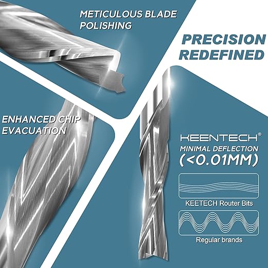 KEENTECH 1/4" Shank Downcut 2 Flute Flat Tip Sprial Router Bit for CNC Router Machine, 1/4" Cutting Diameter, 1-1/8" Cutting Depth, for Wood Cutting, Custom Furniture, Slot Mortise, Engraving, Carving