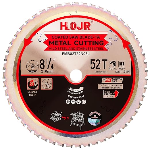 Dia 8-1/4" (210mm) 52-Tooth Arbor 5/8" Metal Cutting Circular Saw Blade, for Steel and Stainless Steel,The Cutting Head uses a Special Anti-Heat Sticking Coating,FMB 8-1/4 inch 52-Tooth 5/8" -TA
