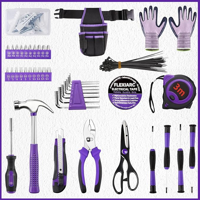 FlexiArc General Household Tool Set - Purple Hand Tool Kit with Waist Pouch & Gloves, Tool Kit for Women Everyday Home Repairs, DIY and Crafts, 112 pcs
